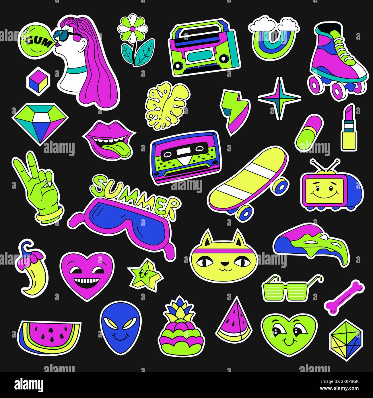 90s autocollants et signes, pack rétro d'émoticônes Illustration de Vecteur