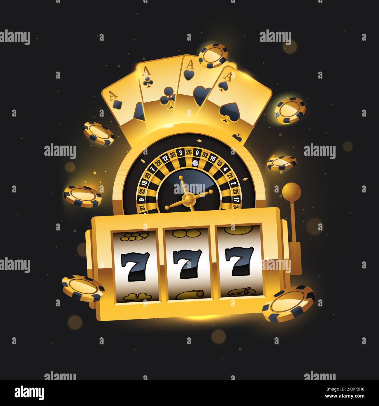 Machine à sous Golden Winning, cartes volantes et roulette. Illustration vectorielle de casino en ligne sur fond sombre. Concept gagnant sur noir b Illustration de Vecteur