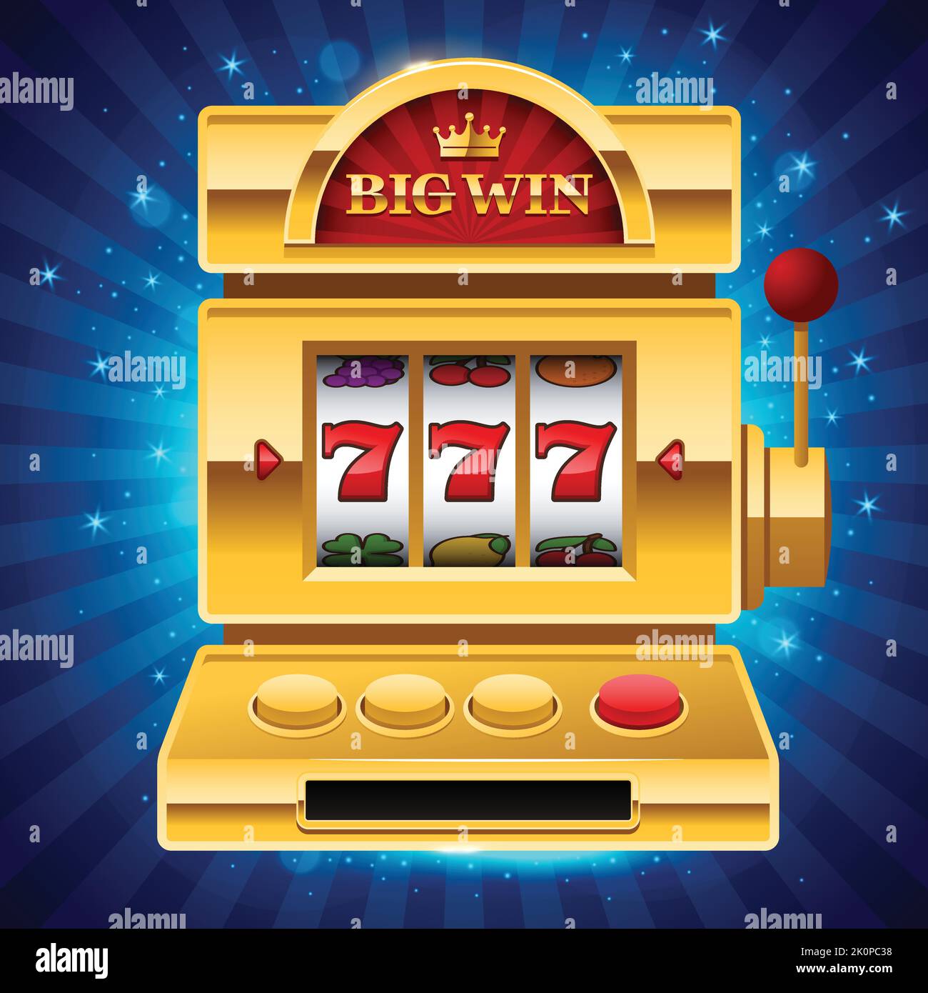 Machine à sous dorée sur fond bleu brillant avec enseigne Big Win. Gagnez 777 jackpot. Chanceux sept, grand gagnant, jeu de casino de vegas. Jackpot triple sept. Vecteur Illustration de Vecteur