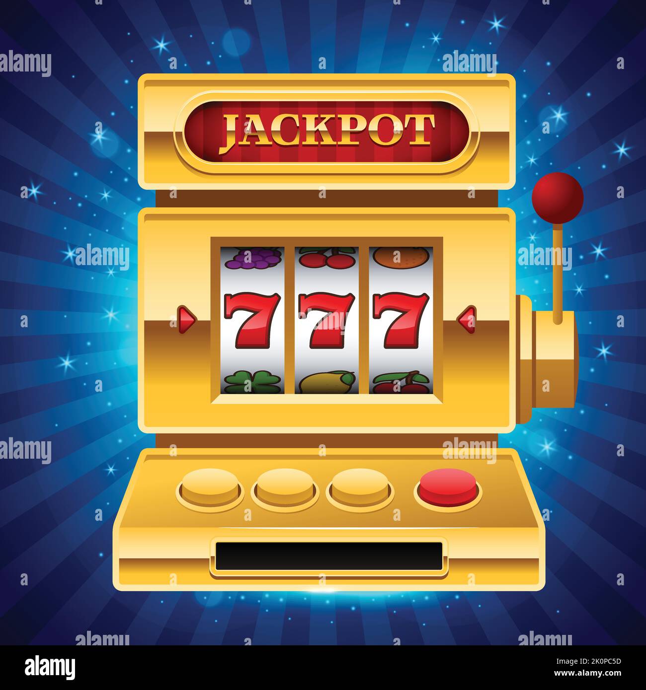 Machine à sous dorée avec enseigne Jackpot sur fond bleu brillant. Gagnez 777 jackpot. Chanceux sept, grand gagnant, jeu de casino de vegas. Jackpot triple sept. Vecteur Illustration de Vecteur