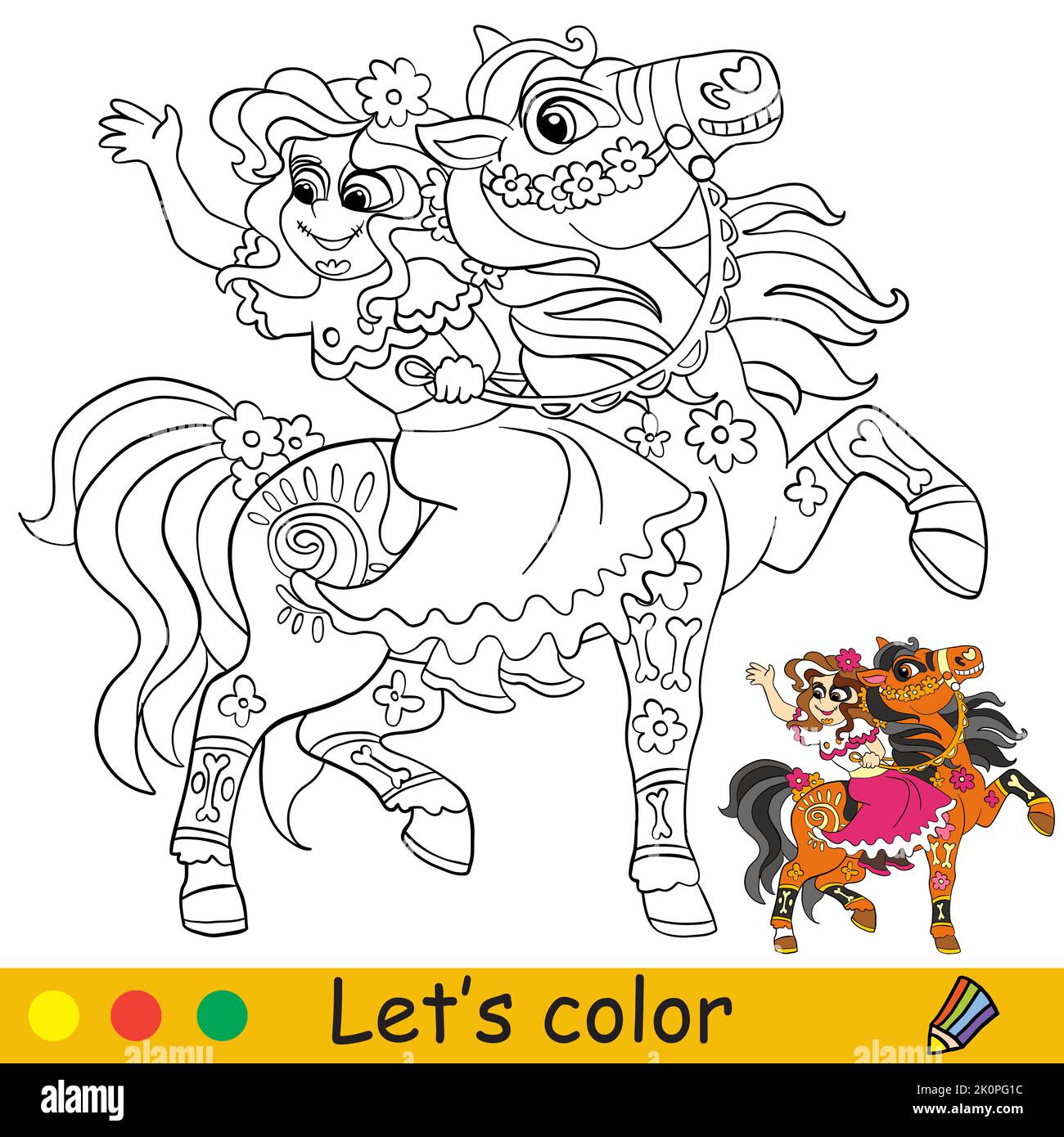 Jolie fille mexicaine sur un squelette de cheval. Concept Halloween. Page de livre de coloriage pour les enfants avec modèle coloré. Illustration de dessin animé vectoriel. Pour pri Illustration de Vecteur