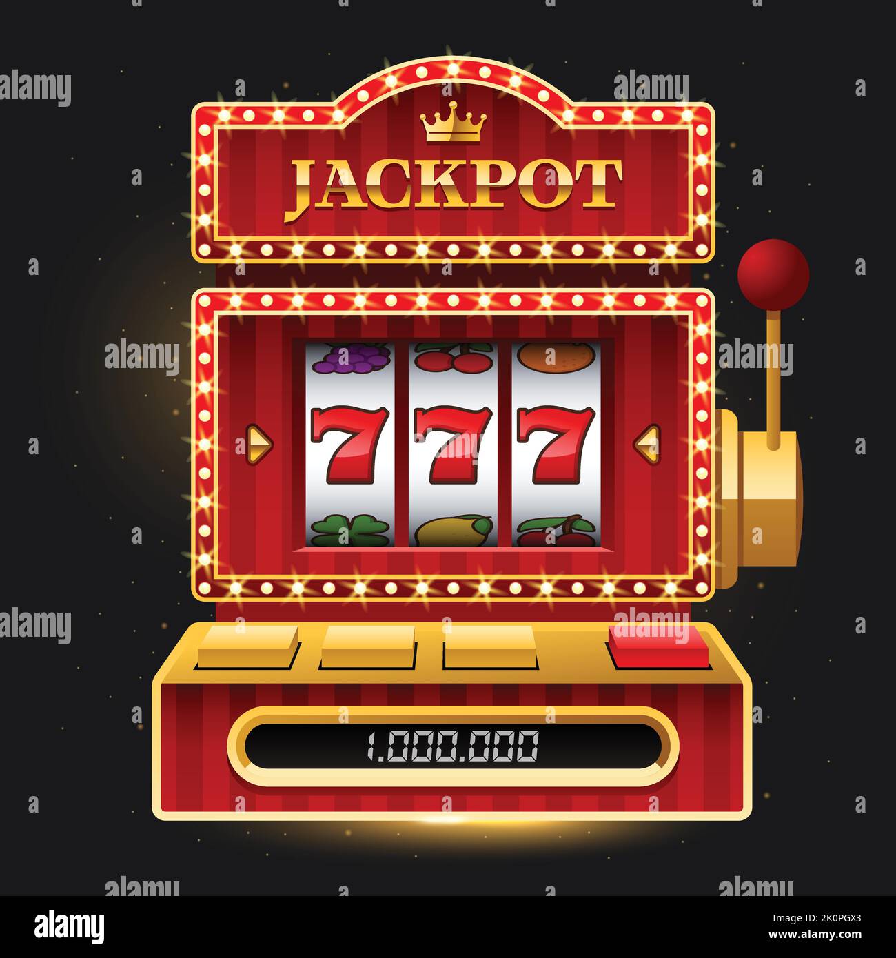 Machine à sous rouge brillant sur fond sombre avec enseigne Jackpot sur fond sombre. Gagnez 777 jackpot. Chanceux sept, grand gagnant, jeu de casino de vegas. Voyage de jackpot Illustration de Vecteur