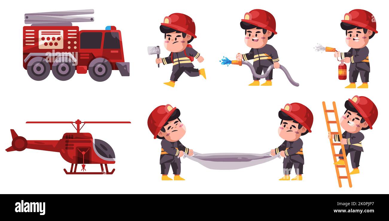 Fire fighter pompiers professionnel métier ensemble de carrière pour les enfants portant un casque extincteur d'incendie Illustration de Vecteur