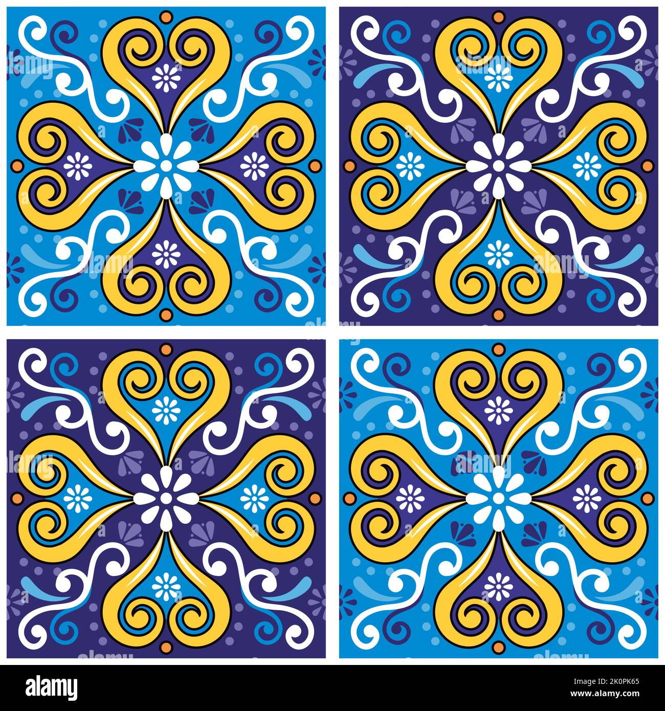 Motif vectoriel de carreaux sans couture inspiré de l'art talavera du Mexique, design répétitif avec fleurs et tourbillons bleu marine et jaune Illustration de Vecteur