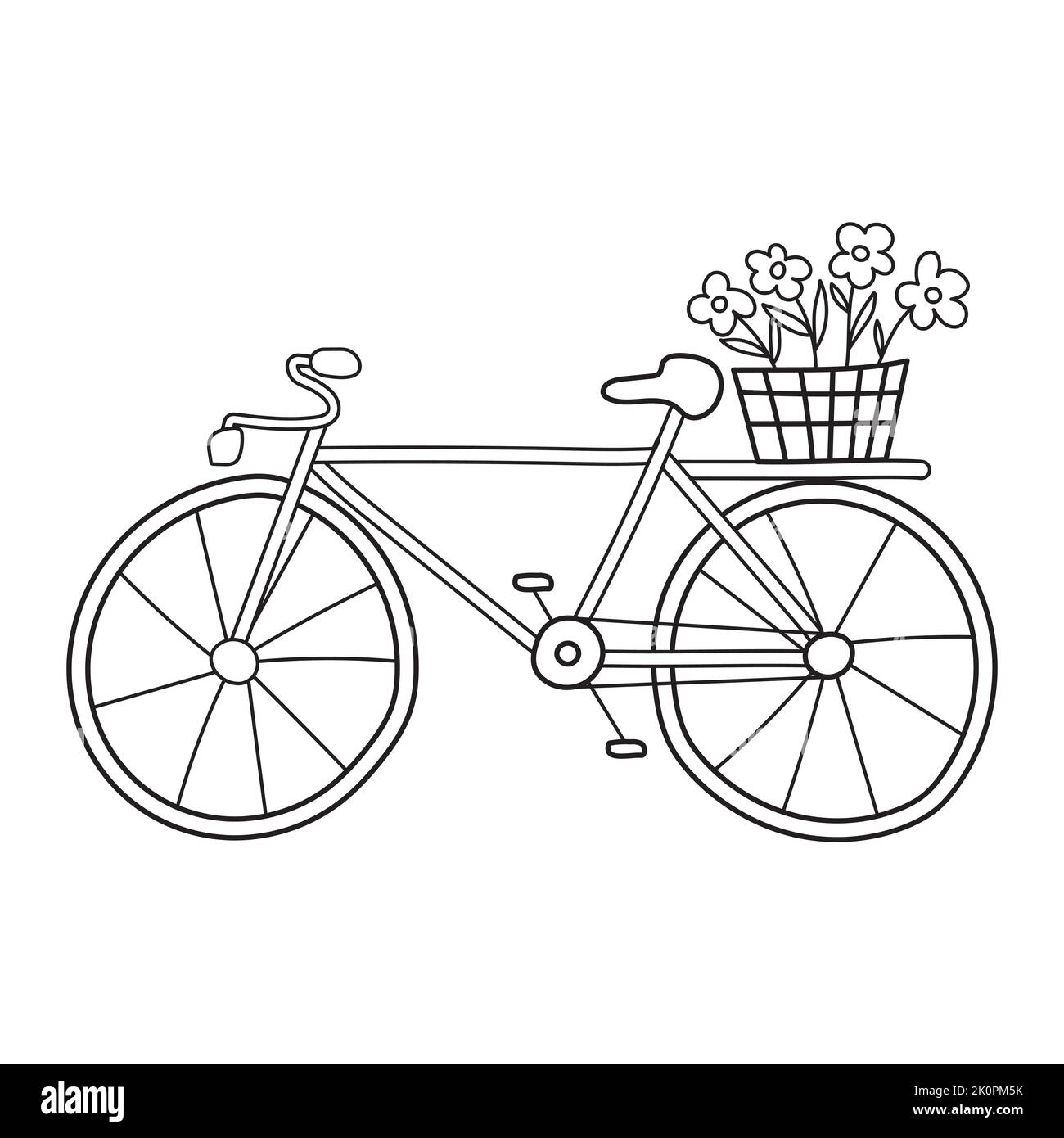 Un vélo à deux roues avec un panier de fleurs dans le style de l'esquisse de caniche. Transport urbain. Illustration vectorielle noire et blanche dessinée à la main isolée sur whi Illustration de Vecteur