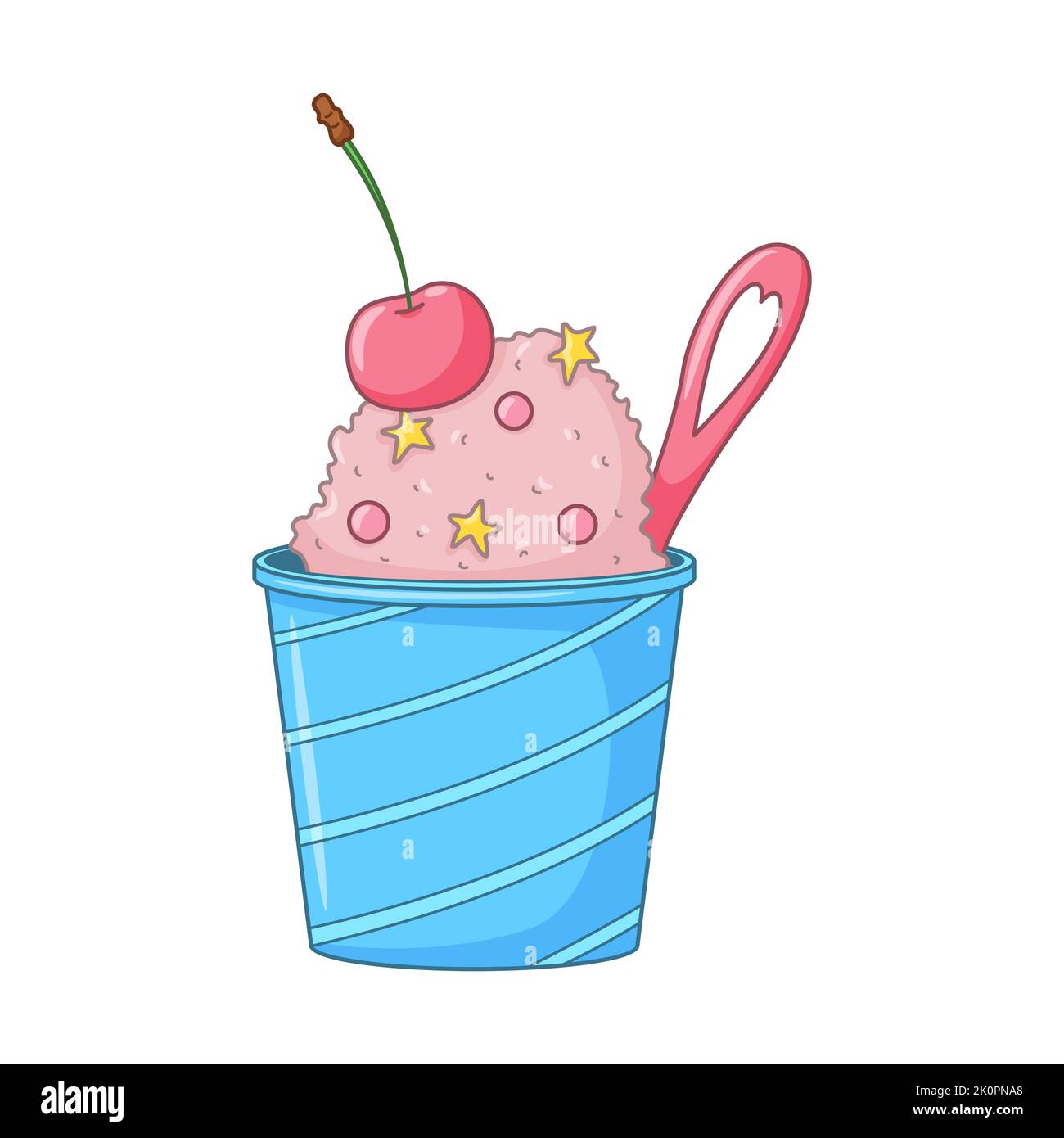 Crème glacée rose avec saupoudrer, cerise et cute cuillère dans un seau. Dessert laitier froid. Mets sucrés de saison. Illustration vectorielle à dessin à la main, en forme de doodle de couleur Illustration de Vecteur