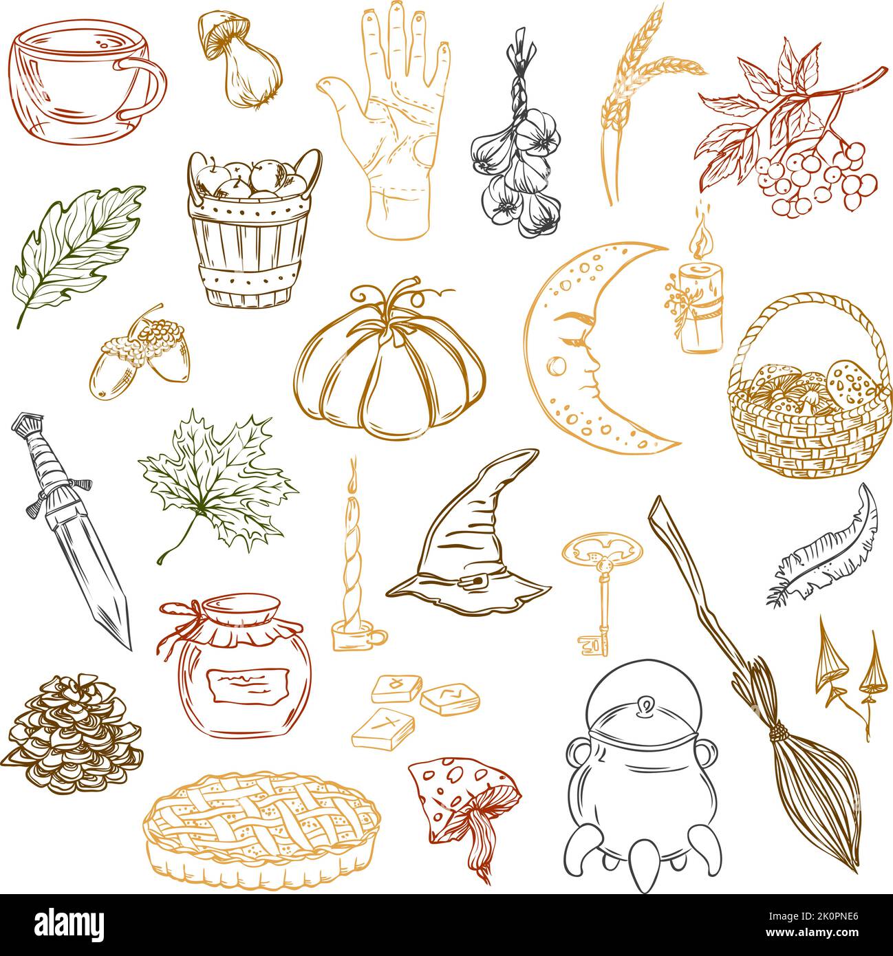 Définir les éléments vectoriels d'automne. Illustration du contour dessinée à la main. Automne mystique Illustration de Vecteur