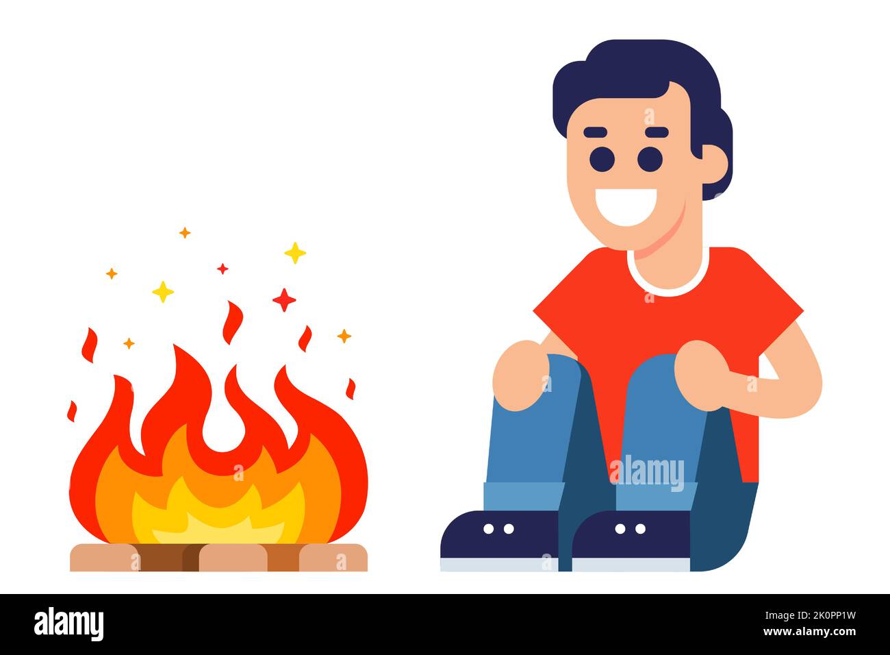 un homme est assis seul près du feu et se réchauffe. faire un feu dans la nature. illustration vectorielle plate. Illustration de Vecteur