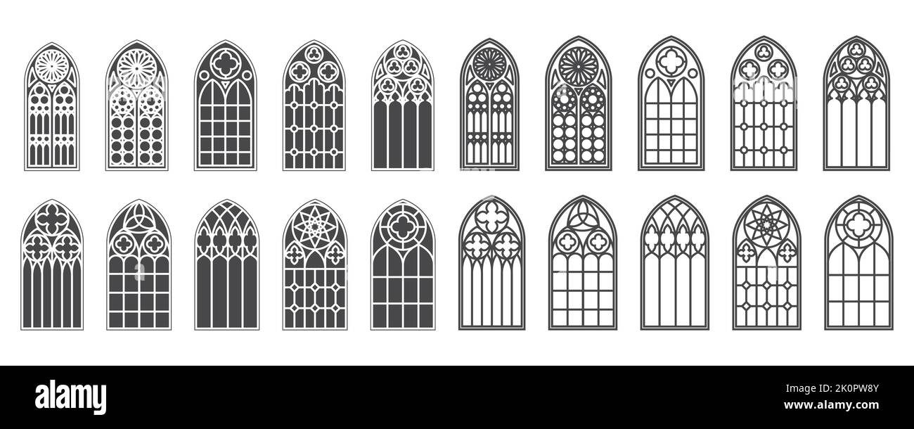 Fenêtres de l'église. Silhouettes d'arches gothiques en ligne et style glyphe classique. Vieux cadres de verre cathédrale. Éléments intérieurs médiévaux. Vecteur Illustration de Vecteur