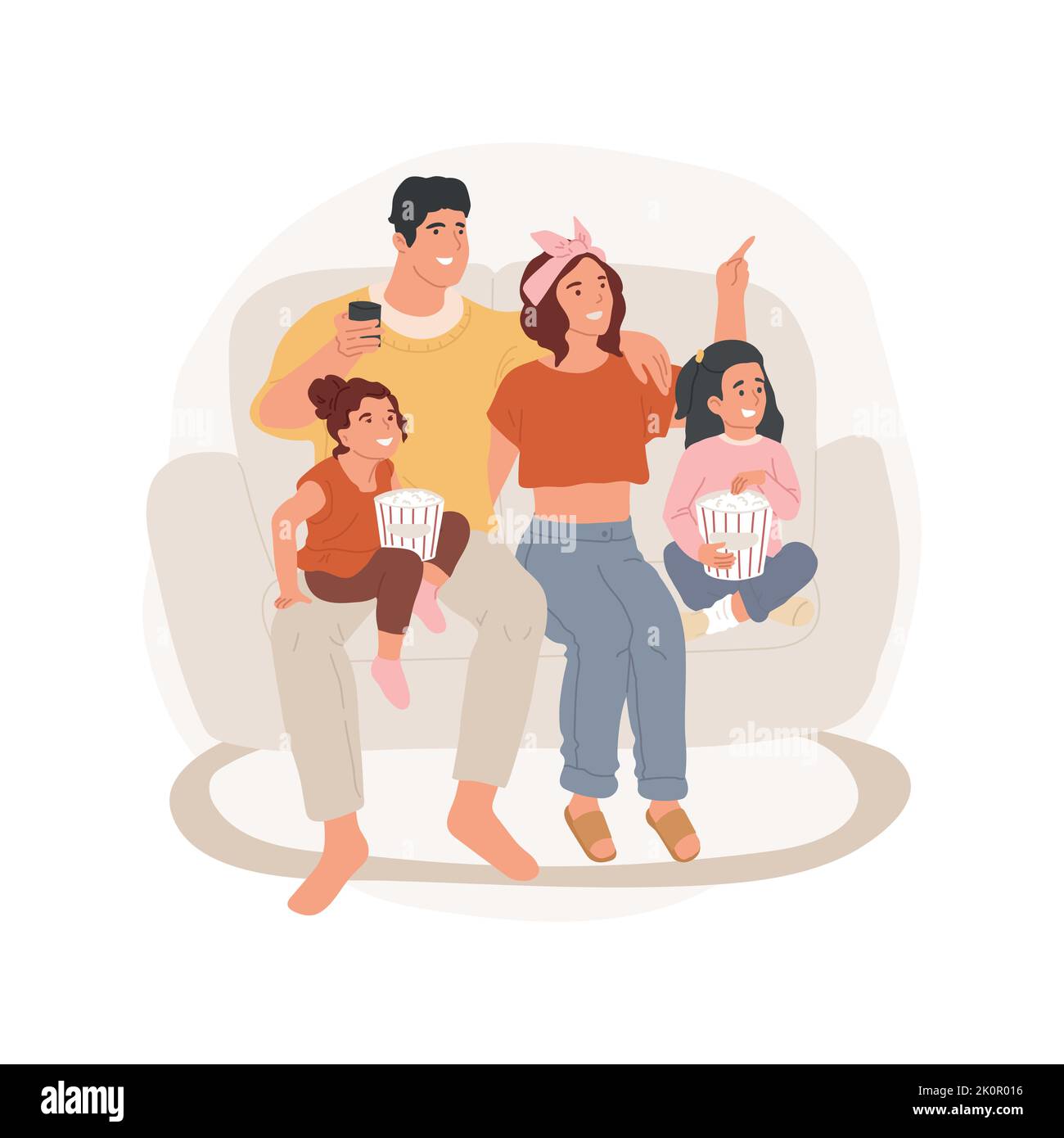 Regarder des films Illustration vectorielle de dessin animé isolée. Une jeune famille assise sur un canapé et regardant des films ensemble, des films, des fêtes publiques, des animations à la maison, des dessins animés vectoriels. Illustration de Vecteur