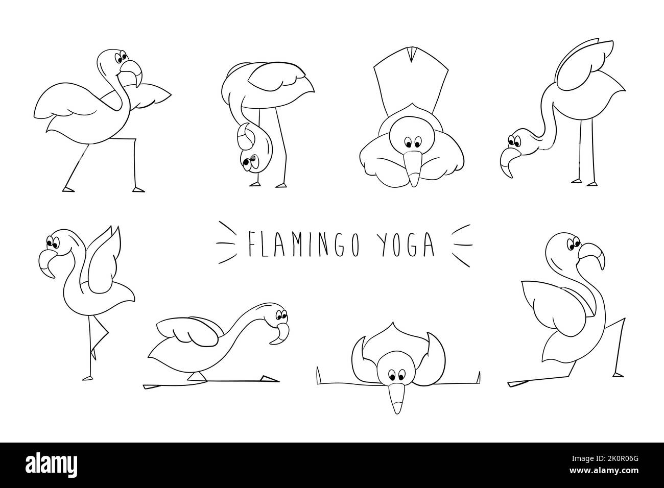 Yoga Flamingo. Ensemble de dessins animés flamants isolés sur fond blanc. Illustration vectorielle. Contour, livre de coloriage Illustration de Vecteur
