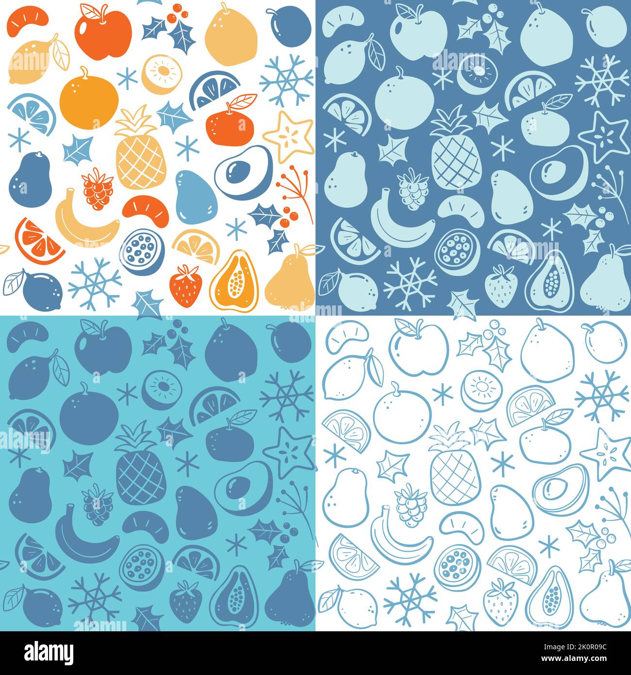 Motif coloré de fruits de saison d'hiver sans coutures. Fruits isolés sur fond blanc. Silhouette plate colorée et style doodle. Illustration vectorielle Illustration de Vecteur