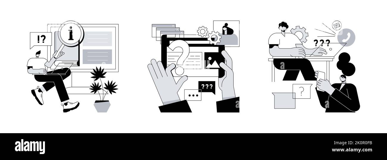 Jeu d'illustrations vectorielles abstraites de concept de barre de menus du site Web. Guides, FAQ et pages d'accueil de l'assistance. Informations sur l'entreprise, interface utilisateur, élément UI, aide à la clientèle, contactez-nous métaphore abstraite. Illustration de Vecteur