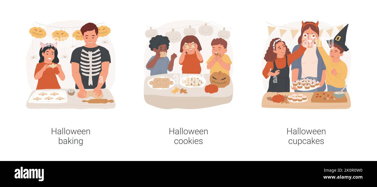 Ensemble d'illustrations vectorielles isolées Halloween pâtissière. Bonne cuisine familiale pour les vacances d'automne, les enfants s'amusent avec les biscuits d'halloween traditionnels, préparant des dessins animés vecteurs effrayants de cupcakes. Illustration de Vecteur