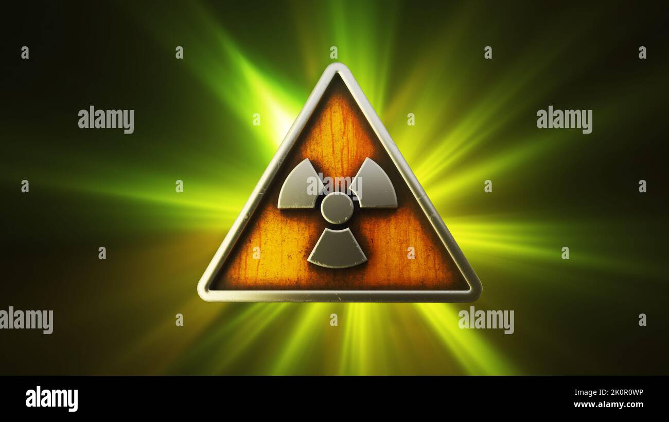3D animer le symbole de danger nucléaire par rayonnement dans un triangle sur fond vert représentant le danger de contamination nucléaire. Banque D'Images