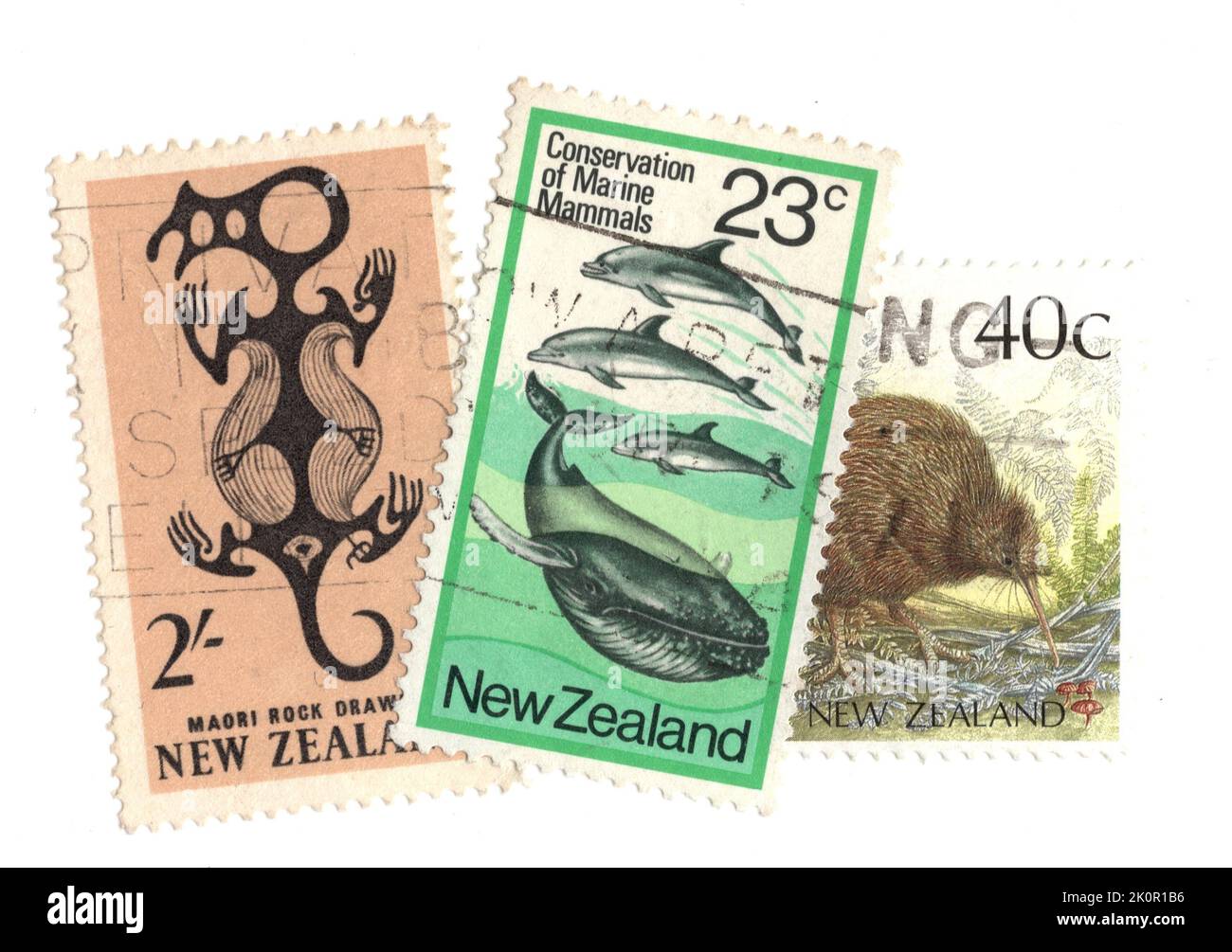 Montage de timbres-poste pour animaux de Nouvelle-Zélande sur fond blanc. Banque D'Images