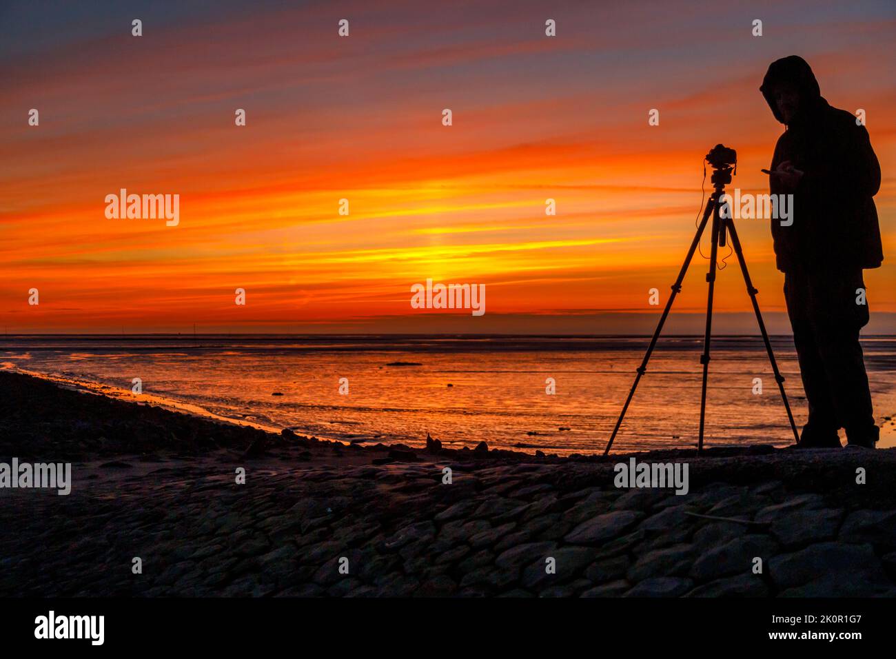 Tourisme avec appareil photo au coucher du soleil sur Trischedamm, Mer du Nord à marée basse Banque D'Images