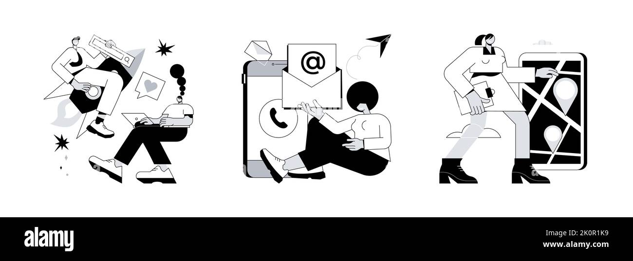 Jeu d'illustrations vectorielles abstraites de concepts d'informations sur l'entreprise.À propos de nous, contactez-nous, obtenir des directions, menu du site Web, page Web de démarrage,profil d'entreprise, informations de bureau, métaphore du résumé de navigation. Illustration de Vecteur