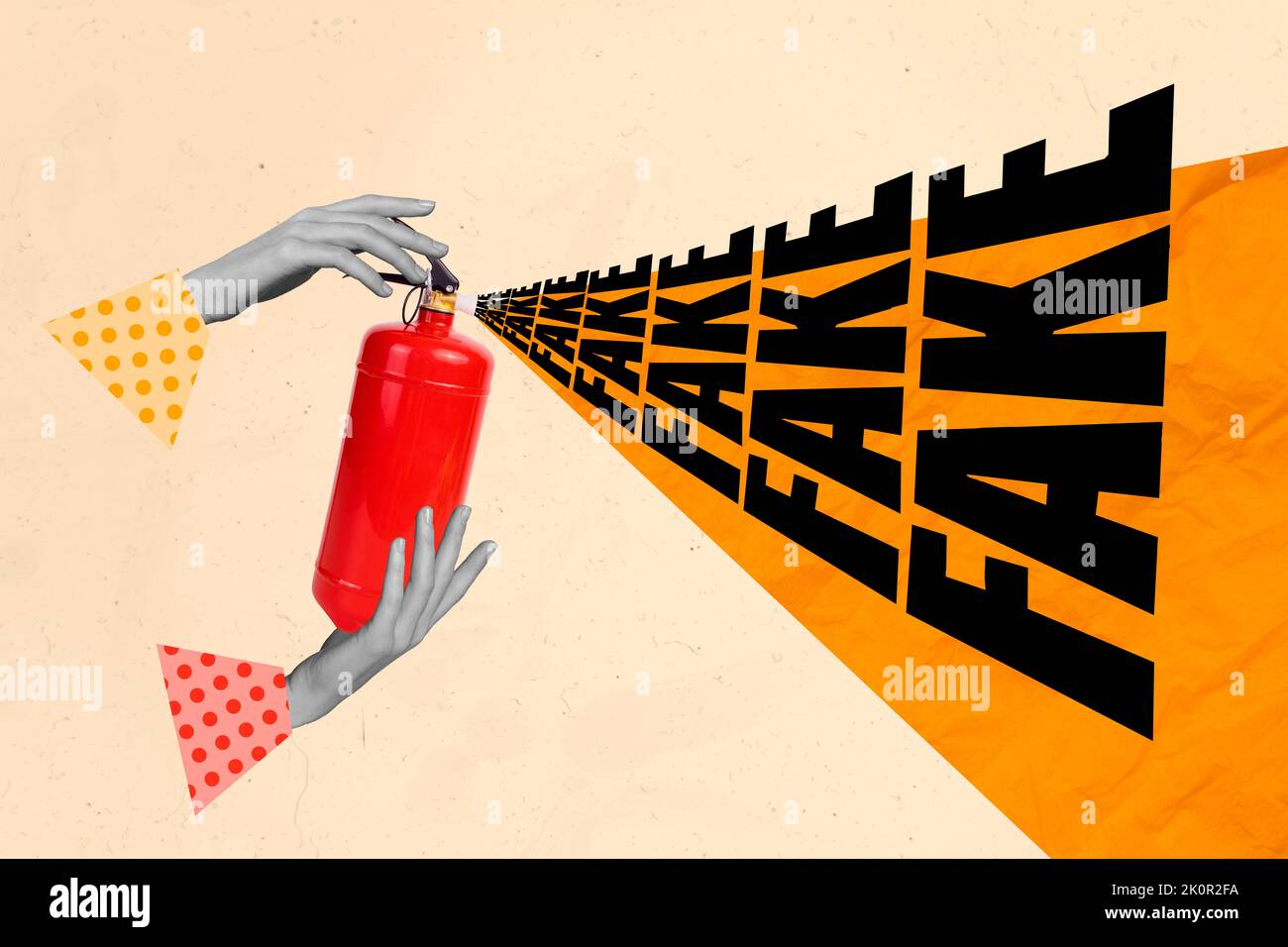 Création photo résumé modèle graphique collage de noir blanc bras tenant rouge spray peut fausses nouvelles isoler sur fond beige couleur Banque D'Images