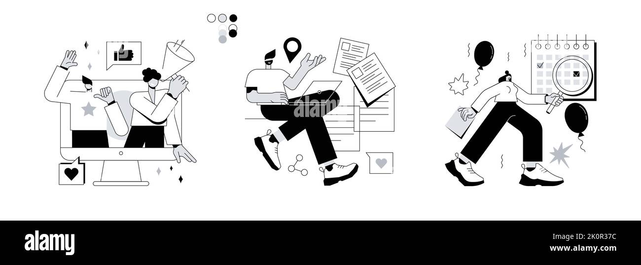 Ensemble d'illustrations vectorielles de concept abstraites de liens de site Web d'entreprise.Suivez-nous, articles de blog, événements, médias sociaux, s'abonner à la newsletter,publications, page d'entreprise, métaphore de l'abrégé de notification. Illustration de Vecteur