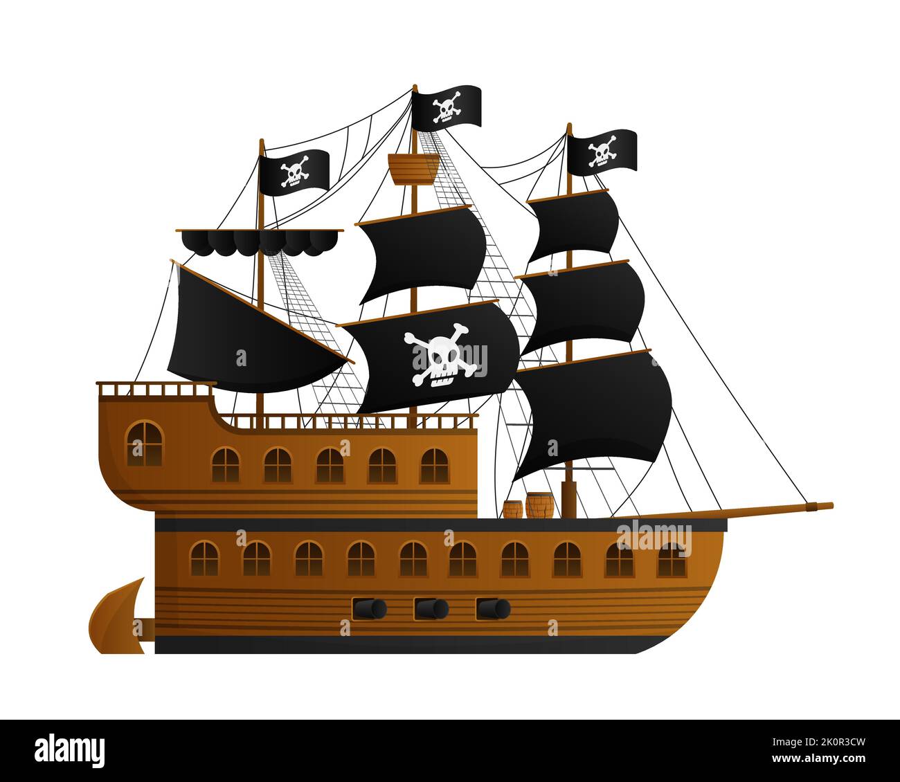 Navire de pirate de dessin animé. Caravelle Corsair en bois naviguant sous des voiles noires Illustration de Vecteur