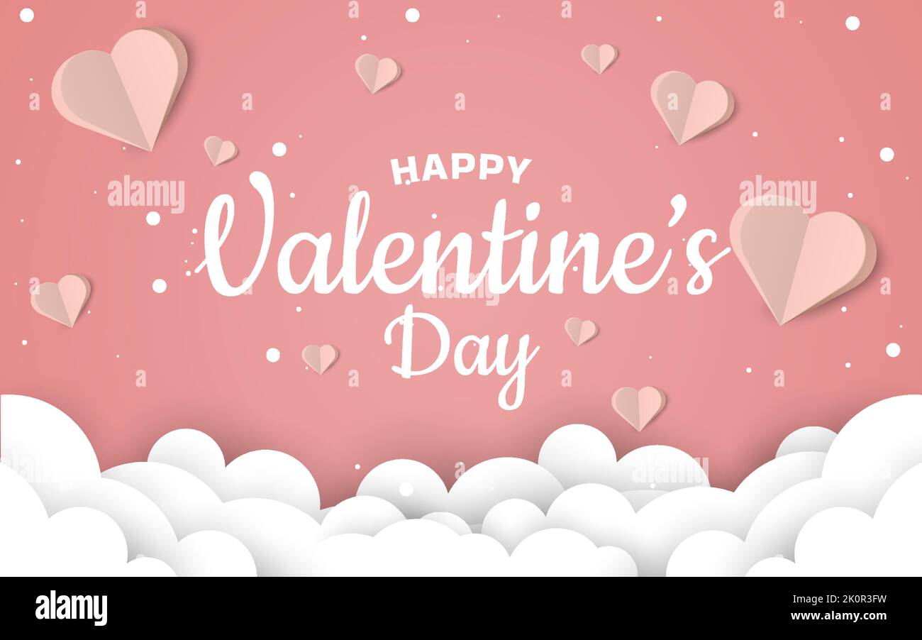 Carte postale de la Saint-Valentin avec coeurs et nuages sur fond rose Illustration de Vecteur