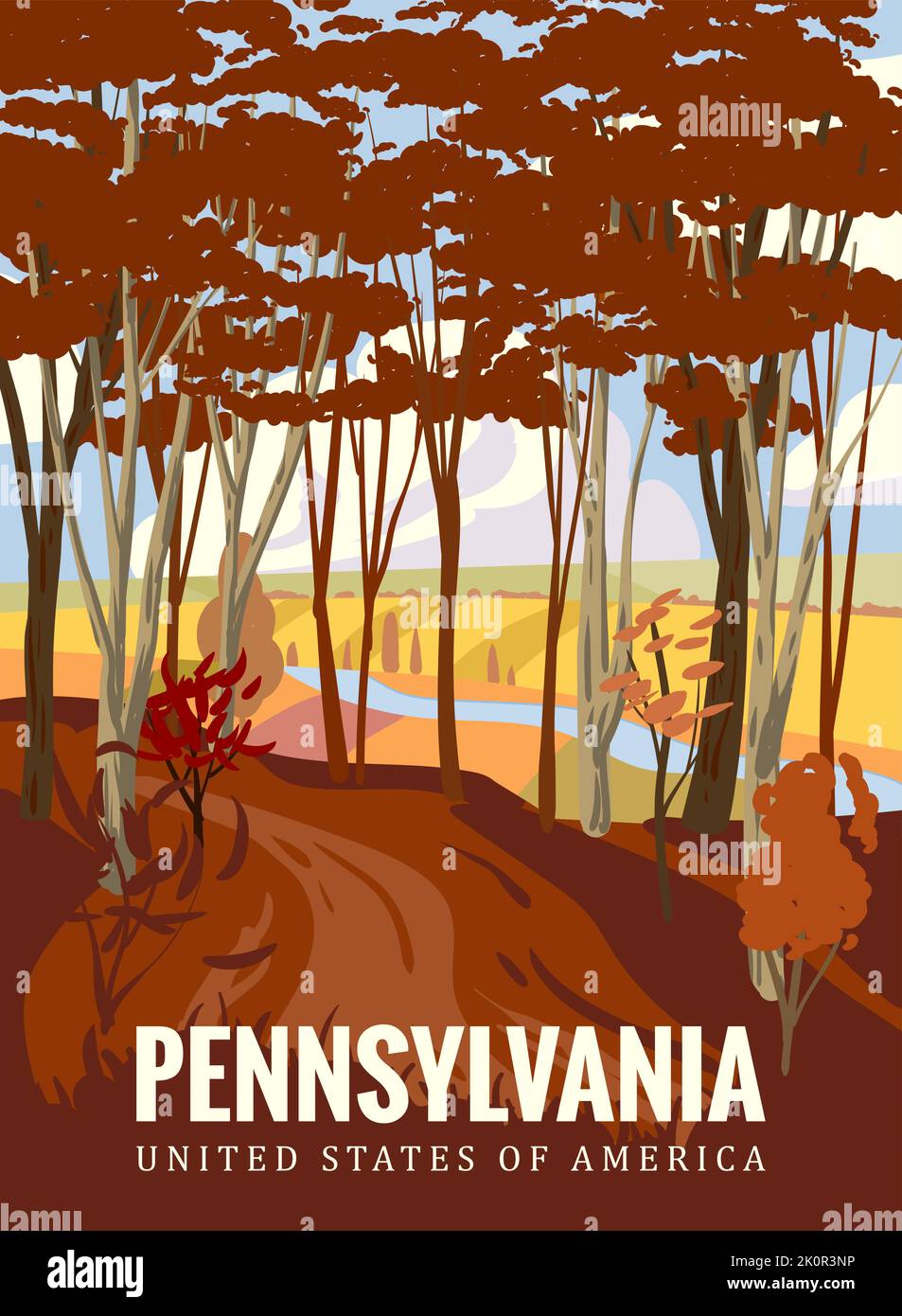 Pennsylvania Autumn Park Valley, sentier forestier, passerelle, arbres feuillage jaune. Affiche d'automne d'assaisonnement Illustration de Vecteur