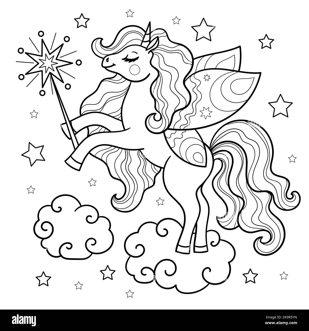 mignonne unicorn avec une baguette magique sur un nuage. Dessin linéaire noir et blanc. Pour la conception des imprimés cadres de peinture livres, affiches, autocollants, cartes, t-shi Illustration de Vecteur
