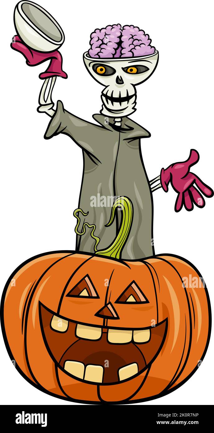 Illustration de dessin animé du personnage squelette avec la citrouille d'Halloween Illustration de Vecteur