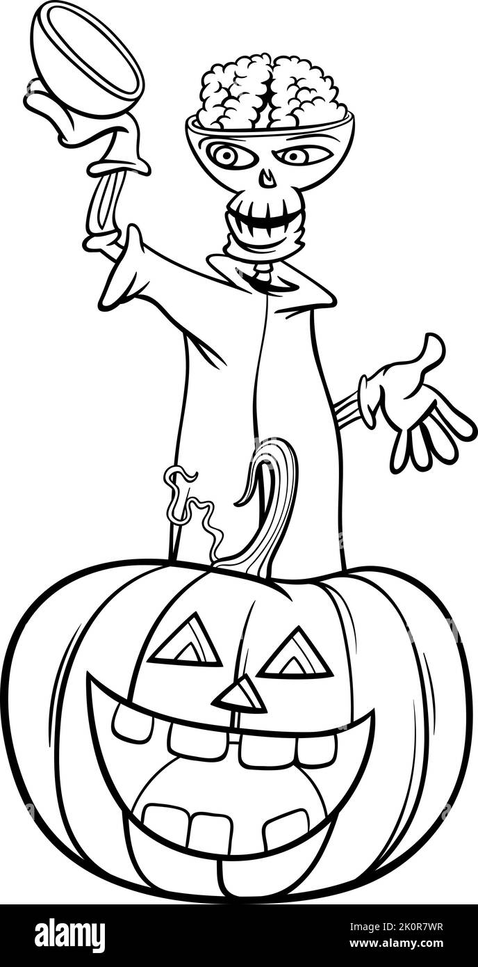 Illustration de dessin animé noir et blanc de personnage squelette avec page de coloriage de citrouille d'Halloween Illustration de Vecteur