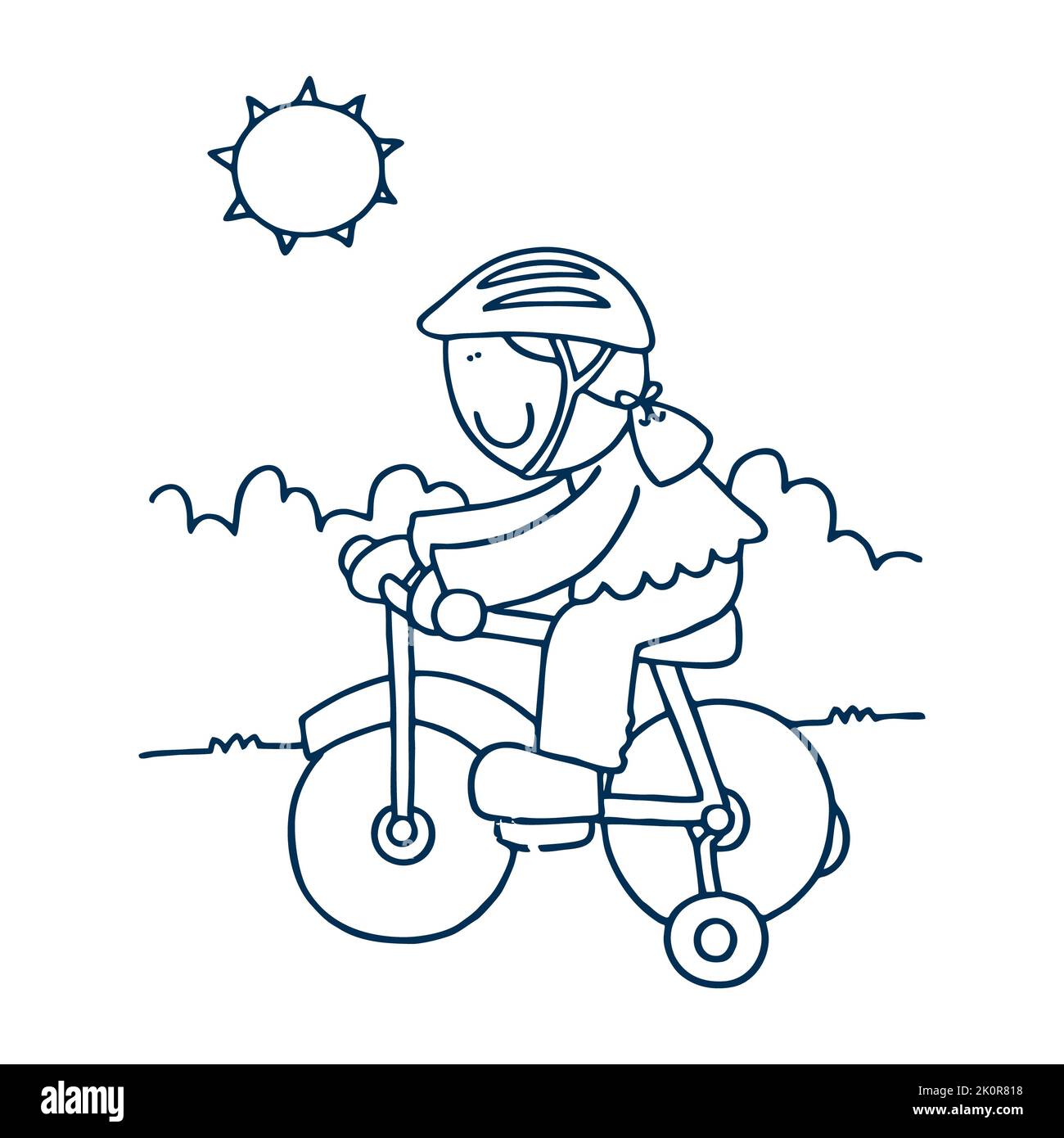 Dessin animé à vecteur plat représentant une femme cycliste vêtue de vêtements chauds. Personnage féminin à vélo par temps froid d'automne, de printemps ou d'hiver. Actif Banque D'Images