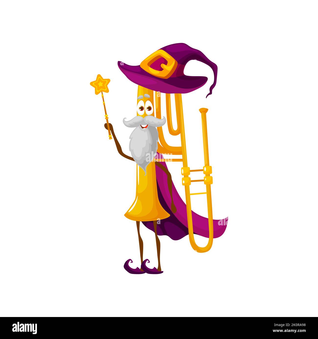 Personnage magicien de trombone âgé de dessin animé. Instrument de vent de génie de fantaisie ancien, mage avec baguette magique. Chapeau de sorcière et pipe de cape à vent isolé de corne de vecteur Illustration de Vecteur