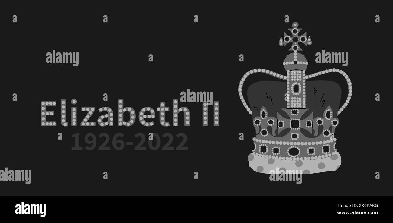 Couronne de la reine Elizabeth II Illustration vectorielle de la mort de la reine de Grande-Bretagne en 2022. Arrière-plan noir, nuances de gris. Illustration de Vecteur