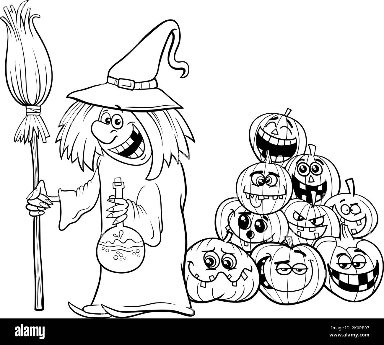 Dessin animé noir et blanc illustration de sorcière drôle avec un balai et pile de citrouilles d'Halloween page de coloration Illustration de Vecteur