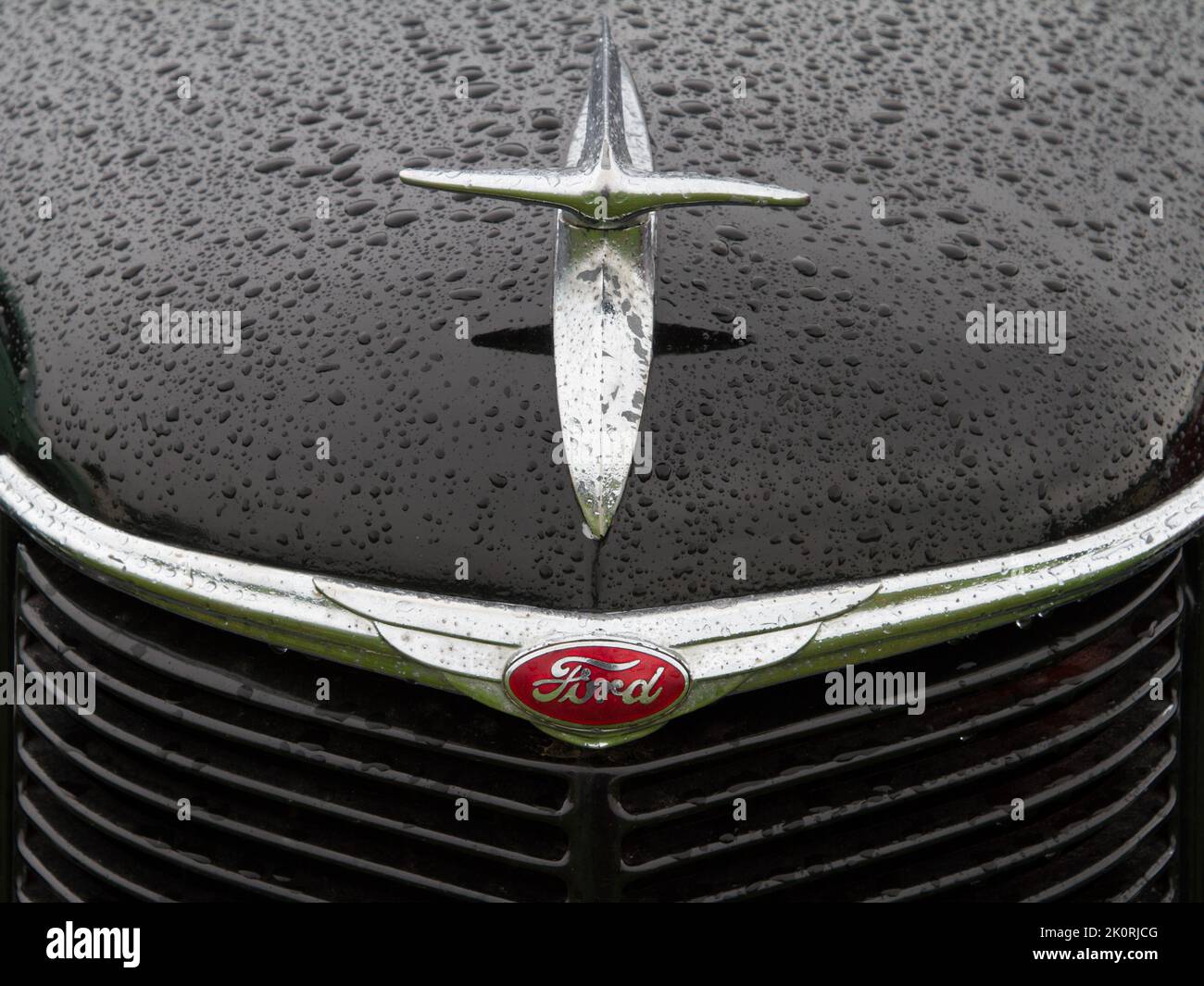 Capot, radiateur et badge d'une voiture Ford vintage Banque D'Images