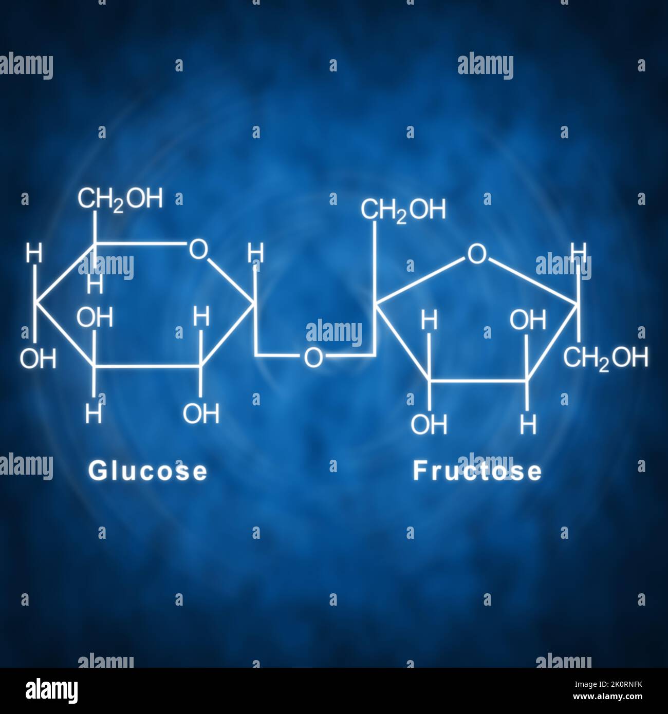 Saccharose Formule chimique structurale sur fond bleu Banque D'Images