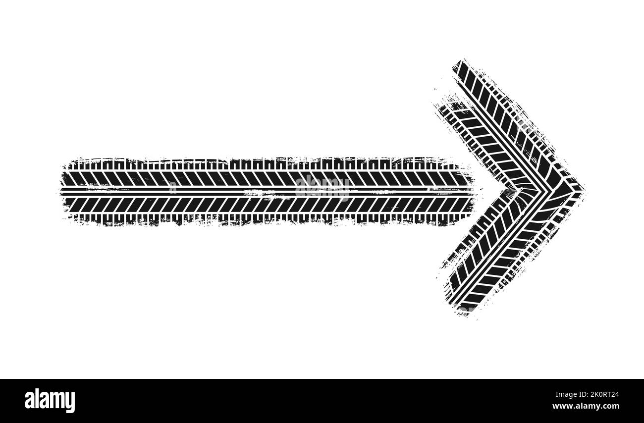 Flèche de grunge de la bande de roulement des pneus auto. Pneus de voiture et de moto, bande de roulement de pneu de roue. Flèche de direction. Imprimé de pneu noir. Illustration vectorielle isolée Illustration de Vecteur