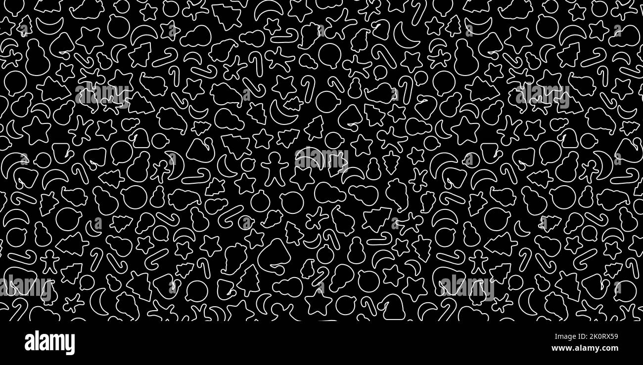 Fond de Noël noir et blanc, bannière d'éléments d'icônes de Noël Banque D'Images
