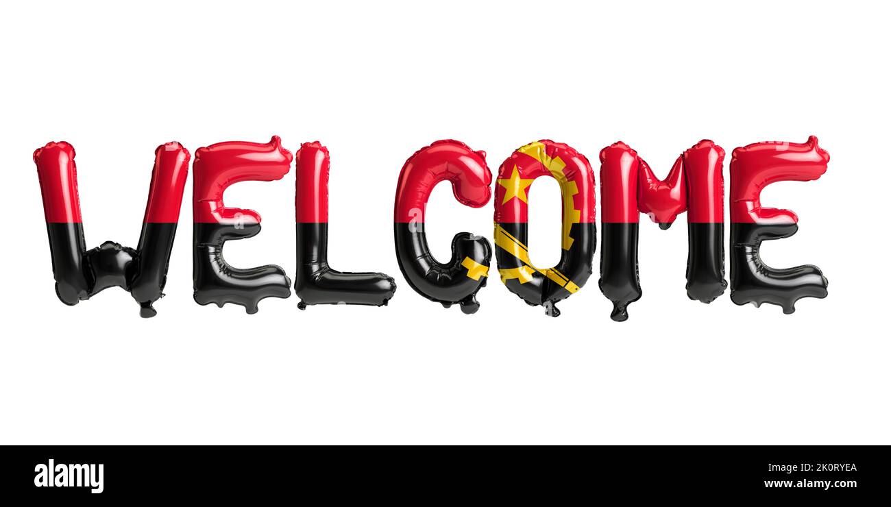 3D illustration de ballons de lettre de bienvenue dans le drapeau angolais isolé sur fond blanc Banque D'Images