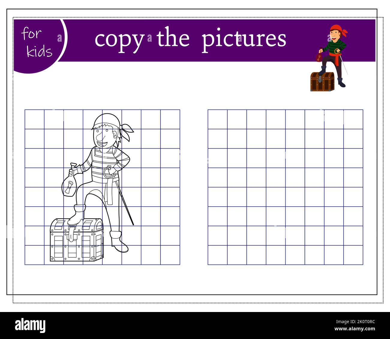 Copie de l'image, jeux éducatifs pour les enfants, un pirate de dessin animé est debout sur une poitrine. Vecteur Illustration de Vecteur