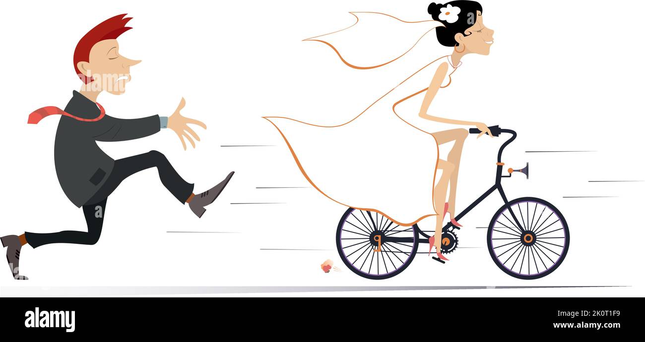 Couple de mariage marié. La mariée s'éloigne du marié sur le vélo. Délabeur contrarié essayant de rattraper une fuite sur la mariée de vélo Illustration de Vecteur