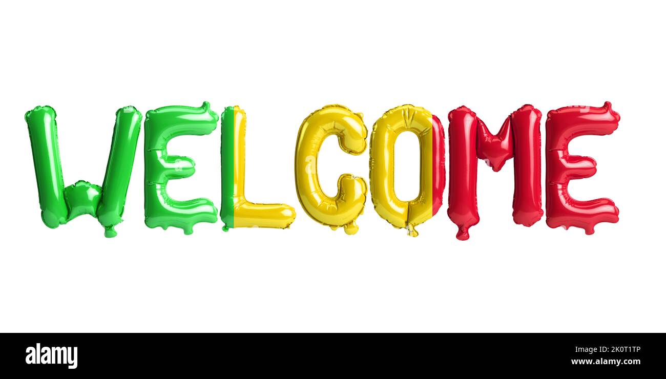 3D illustration de ballons de lettre de bienvenue dans le drapeau du Mali isolé sur fond blanc Banque D'Images
