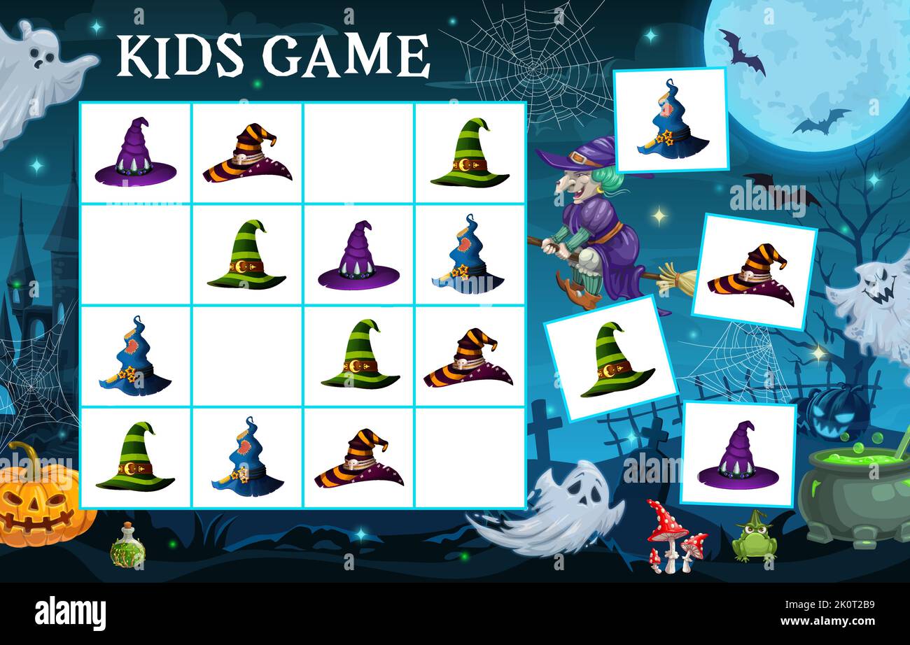 Halloween sudoku jeu. Chapeaux de sorcière, paysage de cimetière et château. Jeu de sudoku pour enfants ou feuille de calcul vectorielle avec sorcier ou chapeau de sorcier, Halloween J Illustration de Vecteur