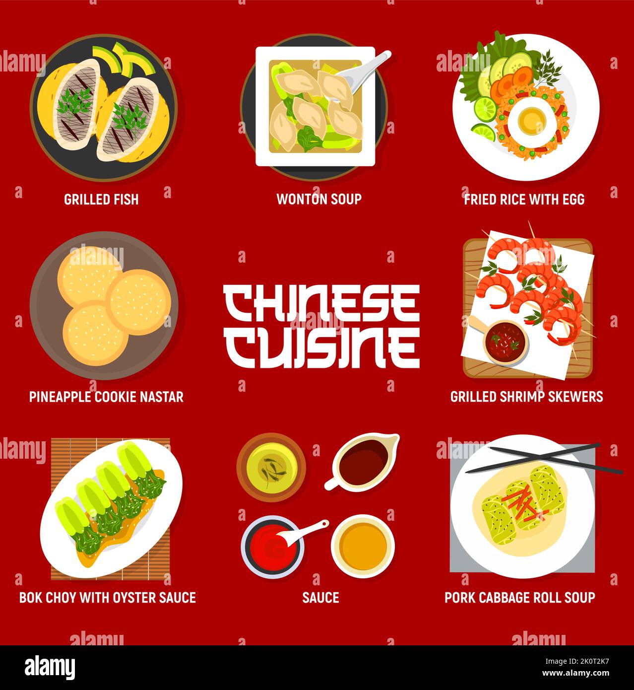 Menu de cuisine chinoise avec plats et plats asiatiques, restaurant Vector pour le déjeuner et le dîner. Cuisine chinoise plats traditionnels de soupe de boulettes de wonton, riz frit aux œufs et crevettes grillées Illustration de Vecteur