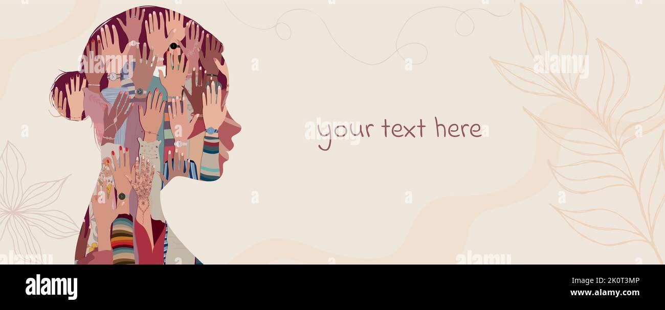 Silhouette de femme en profil avec le groupe intérieur des mains vers le haut des femmes de la culture diverse. Anti-racisme concept d'égalité raciale. Allyship et Sisterhood. Équipe Illustration de Vecteur