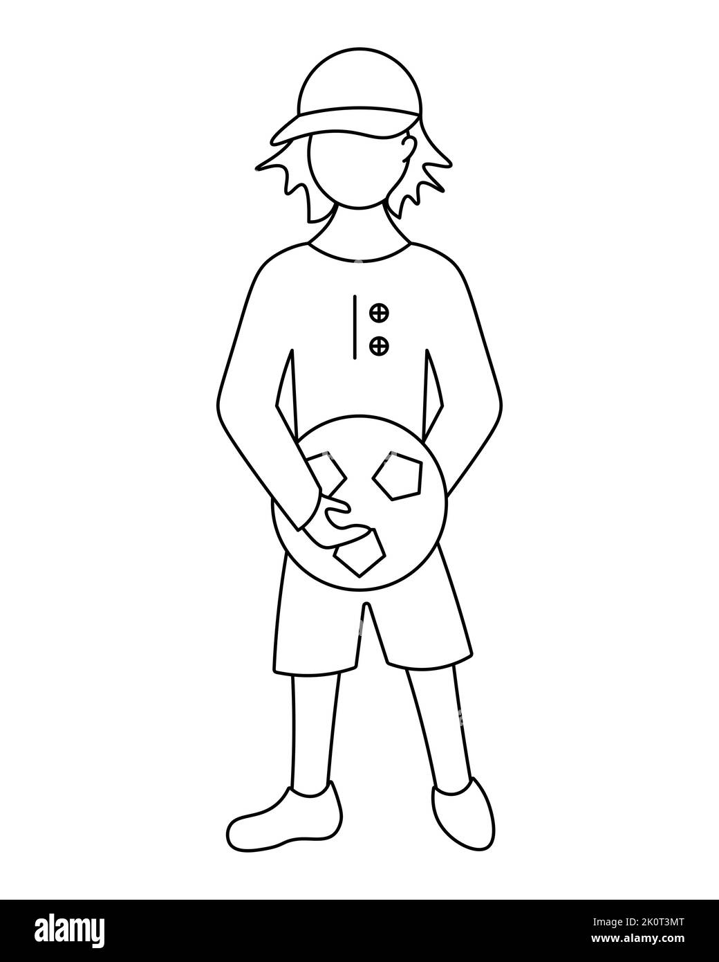 L'étudiant tient une balle de football entre ses mains. Esquisse. Un garçon dans une casquette et un uniforme sportif à une leçon d'éducation physique. Illustration vectorielle. Illustration de Vecteur