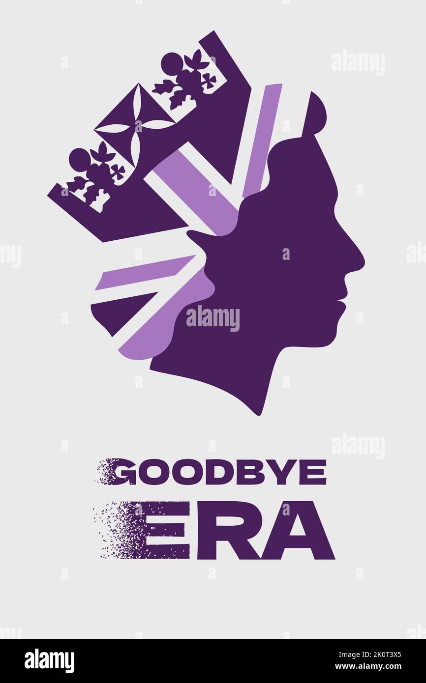 Silhouette de la tête Queens en profil avec le fond du drapeau britannique sur une partie de l'image. Dame avec vue latérale sur la couronne. Au revoir Era fade script. Illustration vectorielle. Illustration de Vecteur