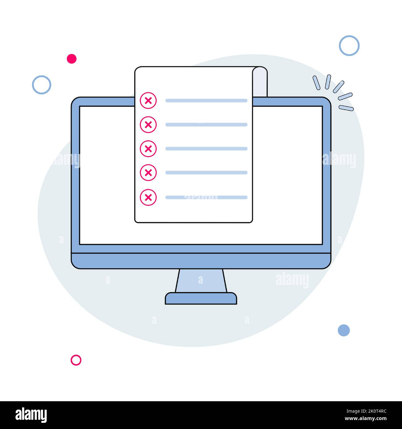 Liste de contrôle avec des repères sur l'écran de l'ordinateur. Le concept de test en ligne. Liste de contrôle. Illustrations vectorielles dans un style de dessin au trait. Illustration de Vecteur