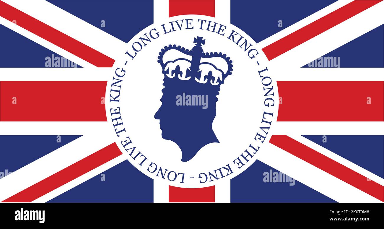 Londres, Royaume-Uni - septembre 2022 : silhouette latérale du roi Charles III sur fond Union Jack Illustration de Vecteur
