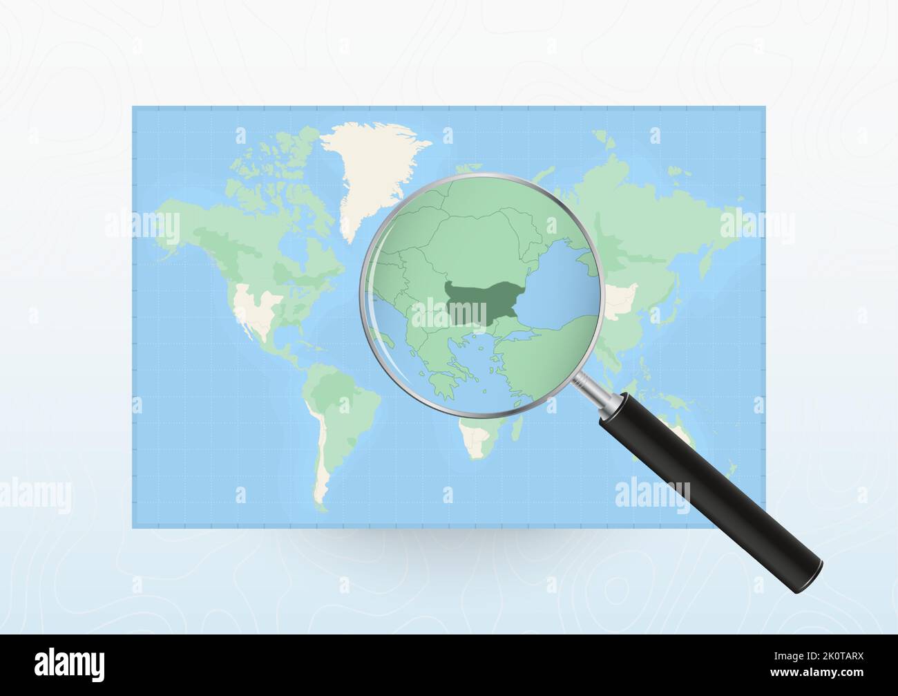 Carte du monde avec une loupe destinée à la Bulgarie, recherche Bulgarie avec loupe. Carte vectorielle. Illustration de Vecteur